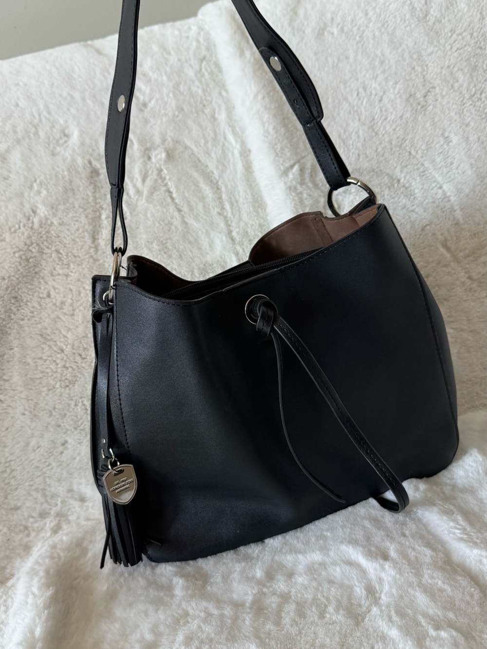 London Fog Black Leather Shoulder Bag with Tassel Charm